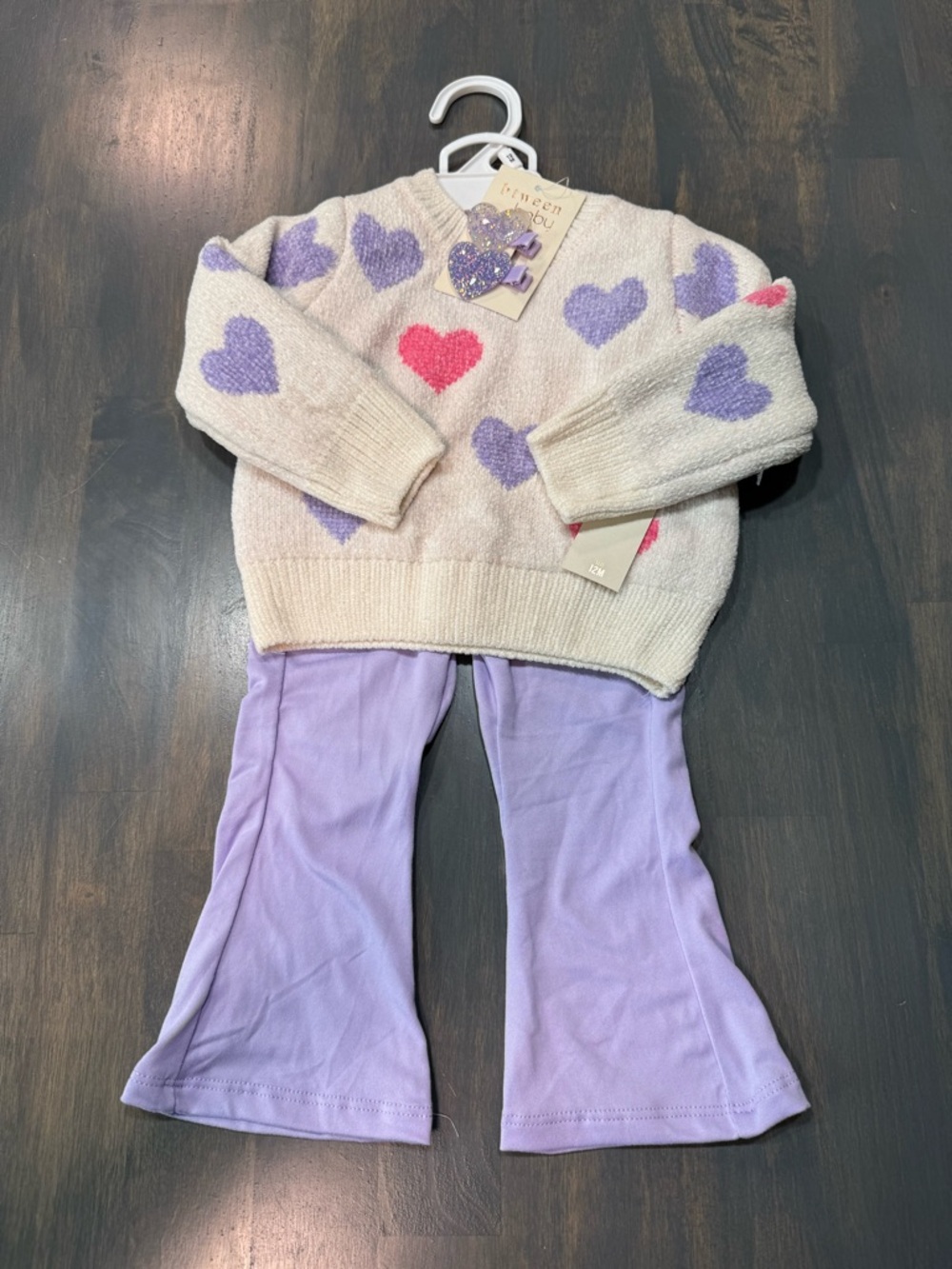 Cream Heart Sweater with Lavender Hearts + Lavender Flare Pants -NWT- 12 months
